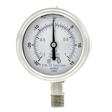 Pic Gauges 2 1/2 in Dial, 1/4 in NPT Male Lower Location, Stainless Steel Case Material PRO-301L-254CB-01
